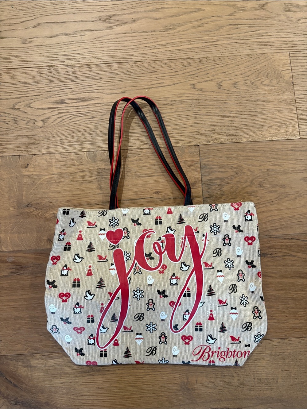 Brighton Beige Canvas Tote with Red Accents and 'Joy' Script